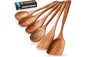 Zulay Kitchen Premium Wooden Utensils for Cooking - 6Pc Set Non-Stick Soft Comfortable Grip Wooden Cooking Utensils - Smooth Finish Teak Wooden Spoons