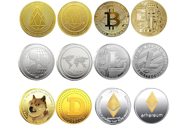 Ensemble-cadeau de crypto-monnaie physique Krisler Bitcoin Coin Collector | Bitcoin (BTC), Ethereum (ETH), Litecoin (LTC), Ripple (XRP), EOS (EOS), Dogecoin (Doge), Or et Argent (pack de 6)