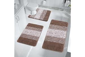 Enyhom Badteppich Set 3 Teilig Weich Hochflor Duschteppich Badematte Toilettenmatte Maschinenwaschbar rutschfeste wc Teppich Set Badvorleger Badezimmerteppich, Braun