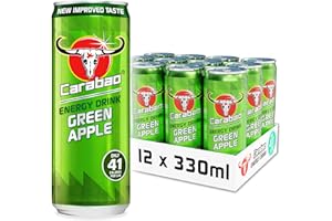 Carabao Energy Drink Green Apple, 12 x 330ml Cans Case, Low Calorie, Lower Sugar, Fizzy Fruit Flavour, Vegan, Gluten Free Drink. B Vitamins, Taurine, Caffeine with Zero Crash, Bulk Crates, Multipack