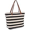 Victop Large Straw Bag Summer Beach Tote Bag Soft Tote Bag with Zipper Beach Handbag with Stripe Bohemian Woven Shoulder Bag for Women for Travel Gym Shopping Holiday Picnic