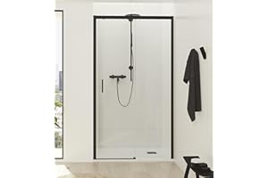 NEBADOON | Mamparas de Ducha - 1 Puerta Corredera + 1 Fijo - Mampara de Ducha Corredera - Perfilería Negra Mate - 159 a 163 cm (Ancho Adaptable 4 cm) x 195 cm (Alto) - Posición Puerta Izquierda