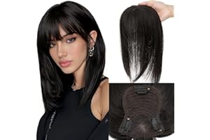 Elailite Hair Topper Donna Capelli Veri Clip in Silk Lace Nero Naturale Protesi Toupee Toupet con Frangia Sottile (Handmade Base 8x11.5cm) 35cm 40g #1B
