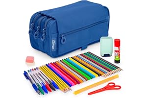ColePack - Ensemble de Trousse Scolaire Triple avec 3 Fermetures Éclair et Fournitures Scolaires de Grandes Marques Incluses (Bleu F.)