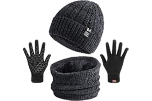 TAGVO 3in1 Inverno Berretto Scaldacollo Guanti Set, Inverno Termico Elastico Addensare Warm Fleece Fodera Cappello Sciarpa 3 Dita Guanti Touch Screen,Coordinati Invernali da Uomo Donna
