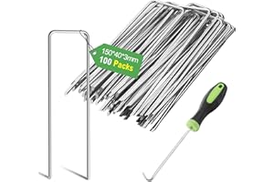 Graxury 100Packs 6 Inch 11 Gauge Heavy Duty Garden Pins Stakes - Galvanized Steel Staples Securing Pegs for Securing Anchoring Weed Fabric Landscape,Netting and Tubing with 1 Pick Hook
