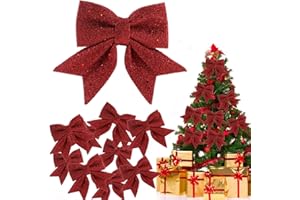 CERIOLL Kokardki Bożonarodzeniowe, 10 Sztuk Czerwonych Kokardek Na Choinkę, Czerwonych Brokatowych Kokardek, Ozdoby Choinkowe Boże Narodzenie, 15 X 12cm (Czerwone)