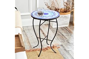 VONLUCE Mesa Auxiliar de Mosaico 36CM de Diámetro y 54CM de Alto Mesita de Mosaico de Plantas con Tabla Cerámica Mesa Auxiliar Redonda para Jardín, Balcón y Patio