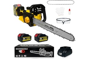 BYCZONE 12 Inch Cordless Chainsaw, Brushless Motor Electric Chainsaw with 2 Pack 21V 4.0Ah Battery & 2 Chains, 10m/s Chain Speed, Auto Chain Lubrication, Powerful Chain Saw for Wood Cutting