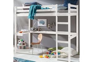 ravzamoebel-24 Kinderbett Hochbett Dennis Etagenbett mit Schreibtisch massiver Kiefer 90x200 cm (Weiß)