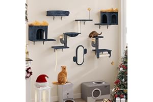 YITAHOME 7 PCS Katzenkletterwand-Set, Stabiles Plüsch-Klettergerüst für Katzen, Katzenklettergerüst Spieltürme mit Katzenhaus, Katzenhängematte und Hängeball, Dunkelgrau & Gelb