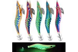 LTTEEA 5pcs Squid Jig Luminous Fishing Lures,Saltwater Glow Squid Jigs Hooks Hard Fishing UV Shrimp Baits Fluorescent Fake Prawn Lure Sleeve Octopus Cuttlefish Sea Fishing Lures Kit