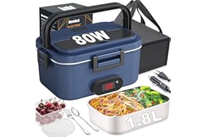 Homhut Scaldavivande Elettrico Portatile Display Temperatura 80W Lunch Box Elettrico 1.8l Elettrico Portavivande Contenitore 12/24/230V Porta Pranzo Elettrico Per Ufficio/Camion/Auto Borse(Blu)