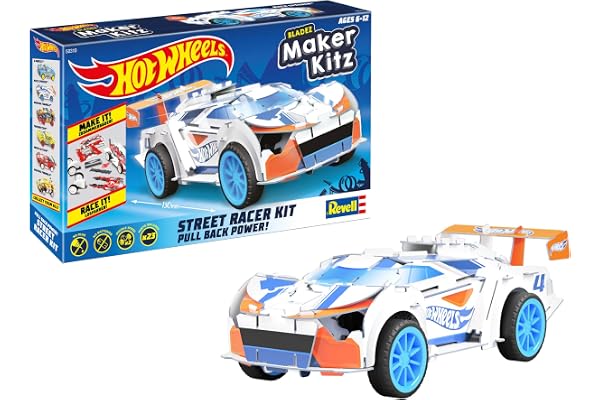 Revell- Mach Speeder, Voiture à retrofriction 1:32 avec Rampe de Saut Hot Wheels rétro-Friction à Construire, 50310, Blanc/Orange