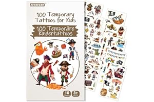 ECHOCUBE Temporary Tattoos for Kids,10 Sheets (100 Patterns) Pirates Theme Cartoon Waterproof Fake Tattoo Sticker Set,Birthday Party Bag Fillers for Boys Girls Gifts