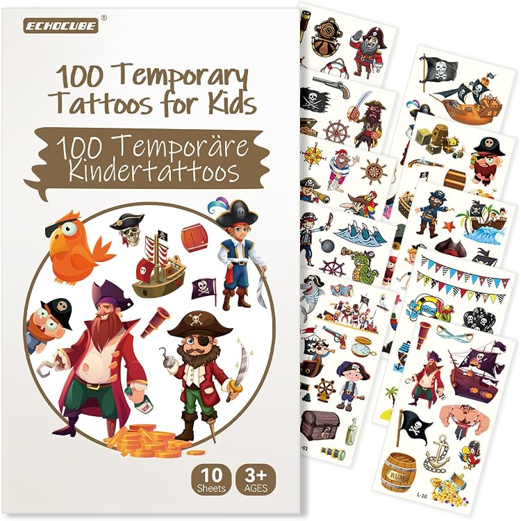Tatouages Temporaires Pirates DJECO - Pour Enfants, Motif Assorti - Application Facile à L'eau - À Partir De 3 Ans