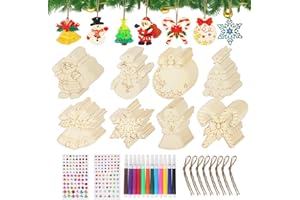 LIAILA 80 Adornos navideños de Madera para Pintar, Kit de Manualidades de Madera para niños, Adornos navideños para diseñar libremente, Adornos para el árbol de Navidad para Pintar (8 diseños)