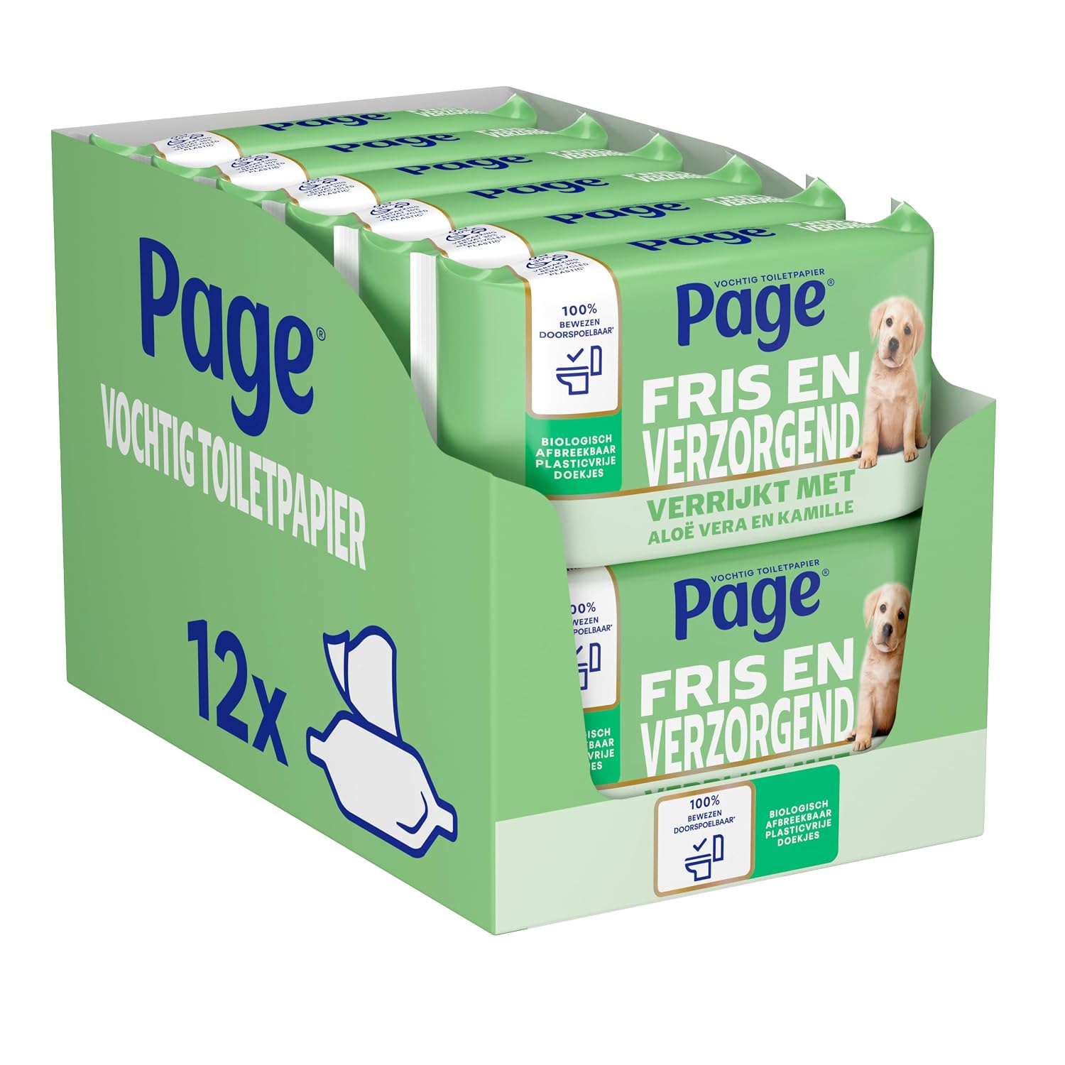 Page Fris en Verzorgend (Aloë Vera) - Vochtig Toiletpapier - wc papier doorspoelbare - 456 velletjes - 12 x 38 stuks - met Aloë Vera en Kamille - Voordeelverpakking - plasticvrije doekjes