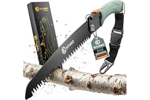 KIYANO® Premium Klappsäge Outdoor/Astsäge mit Safety Lock [INKL. Taktischer-Karabiner] (210mm) Handsäge Holz aus SK5 Karbonstahl, für Bushcraft, Survival, Garten