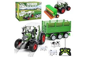 PATEMZON RC Trattore Telecomandato per Bambini, Trattore Agricolo con Aratro e Luce, Set di Trattori Radiocomandato con Rimorchio Giocattolo, Mucca, Pecora, Troncs d'Arbre e Balle, Verde