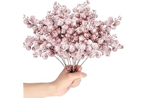 KKSTY Confezione da 16 steli di bacche natalizie glitterate, rametti di bacche innevate artificiali, per realizzare ghirlande, decorazioni per albero di Natale (rosa rosa)