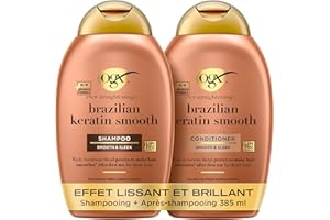 OGX Shampooing + Après-Shampooing Brazilian Keratin Smooth Effet Lissant et Brillant (lot de 2 flacons de 385 ml) - Après-shampoing fortifiant pour des cheveux doux et brillants