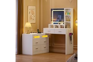 YITAHOME Dressing Table with LED Lighting Mirror Vanity Table with Charging Station, Corner Dressing Table with Chest of Drawers Modern Makeup Desk with Drawers, Open Compartments, Adjustable Shelves