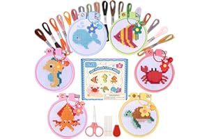 Caydo 6 Pezzi Kit di Punto Croce con Animali Marini per Bambini con Tessuto Aida Stampato, Cerchi per Ricamo, Portachiavi, Strumenti per Ricamo per Principianti Fai-da-te Ornamento Artigianale