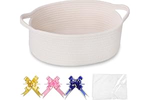 COMSE Small Woven Basket with Gift Bags and Ribbons, Gift Basket Empty, Nursery Organisers Storage for Baby Toy, Cotton Rope, 30.5 x 20 x 13 CM, White