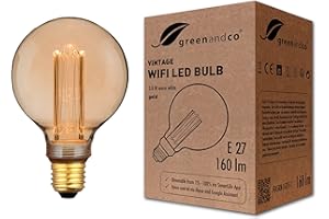 greenandco® lampadina LED intelligente WiFi con app (nessun hub richiesto) Vintage Design E27 G95, 3.8W 160lm 1800K 230V, senza sfarfallio, dimmerabile, compatibile con Alexa e Google Assistant