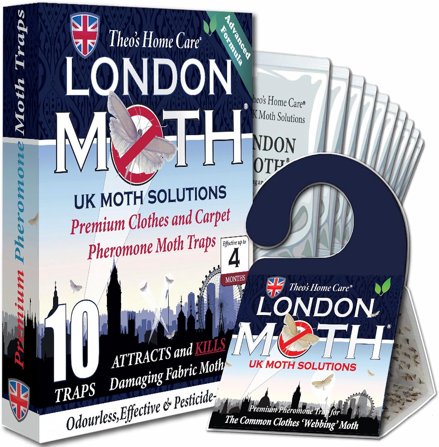 LONDON MOTH KILLER 10 (TEN) Premium Sticky Pheromone Moth Traps for the Common Clothes Moth and Similar Variants, for Wardrobes, Clothes and Carpets. inc. eBook (London Moth)