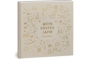 Mein erstes Jahr Babyalbum - Hochwertiges Leinenbuch mit Goldprägung für die schönsten Erinnerungen - Babybuch zum Eintragen für das erste Lebensjahr - Baby Geschenk zur Geburt (Spielzeug Natur)