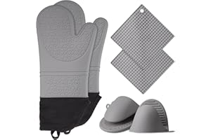 ASCHEF 6in1 Heat Resistant Silicone Oven Gloves+ Pinch Grip Pot Holders+Trivet Set, Non-slip Textured Waterproof Kitchen Mitts w/Soft Inner Lining & XL Hand-safe Sleeve for Baking Cooking Grilling Barbecue