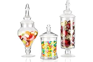 BELLE VOUS Bomboneras de Cristal Transparente Apotecario para Chuches (Pack de 3) Botes de Cristal con Tapa Decorativo Victoriano – para Alimentos, Buffets de Dulces en Fiestas, Bodas, Galletas