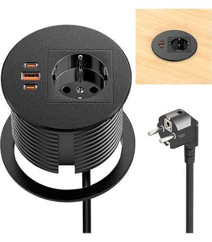 Aluminium inbouwstopcontact 3-voudig met 2 USB-C poorten PD 30 W en 2 USB-A-poorten - intrekbaar meervoudig stopcontact hoek verstelbaar voor keuken, bureau en kantoor, kabel 1,8 m, zwart