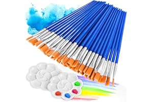WUGU Set de 50 Pinceles Planos de Nylon para Artistas Con 2 Paletas - para Acuarela, Acrílico, Pintura al Óleo, Manualidades - Ideal para Principiantes y Niños