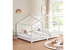 [en.casa] Letto per Cameretta a Forma di Casetta con Barriera di Protezione Letto Piazza e Mezza per Bambini Struttura in Legno di Pino 120 x 200 cm Bianco