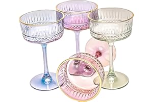 GOSOYO Juego de 4 Copas Cupé de Colores con Borde Dorado Vintage, 260 ml/8,8 oz de Champán, Cóctel, Martini, Copas de Vino, Copa de Ginebra y Prosecco, Vino Cristal, Cristalería de Tallo Largo