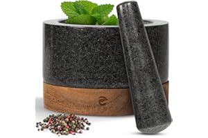 ECENCE Mortier et pilon de Cuisine en Bois d'acacia et Granit - solide mortier pilon cuisine à épices pour un broyage parfait - Grand mortier et pilon Ø15,5cm