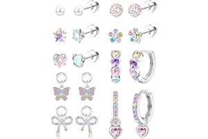 Kakonia Hypoallergenic Earrings for Girls Women Surgical Steel Screw Back Earrings for Sensitive Ears Cute Pearl Flower Butterfly Flat Back Stud Hoop Earring Set Kids Sleeper Earring Jewellery Gifts