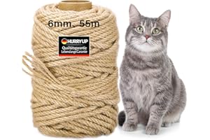 HURRY UP Corde Arbre à Chat, 6 mm x 55 M Corde Sisal, 100% Naturel Corde Chanvre, Corde Jute, Sisal pour Arbre à Chat, Corde Sisal pour Réparation Et Remplacement, Bricolage, Jardinage, Décoration De Maisons