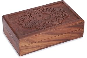 Ajuny Ręcznie rzeźbiona dekoracyjna skrzynia na skarby z drewna – wielofunkcyjne pudełko do przechowywania biżuterii, pamiątki, pudełko na zegarki, idealne na prezent – brązowa, 20 x 15 cm