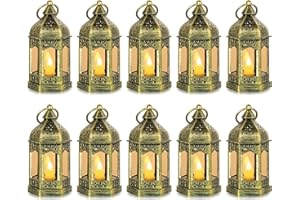 Small Lanterns with LED Candles Set of 10, Hewory Mini Gold Gothic Lantern Vintage Decorative Hanging Garden Lantern for Outside Halloween Christmas Wedding Decorations Party Yard, Battery Included