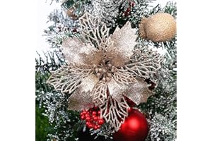 GLITZFAS 12 Stück Glitter Weihnachtsbaum Dekoration, Weihnachtsbaumschmuck Ornament Weihnachten Blumen Dekor, Christbaumanhänger (Champagner,24 cm)