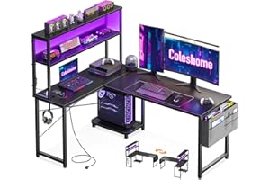 Coleshome Narożne biurko w kształcie litery L, biurko komputerowe z diodami LED i gniazdami