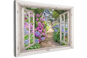 MuchoWow© Stampe Su Tela 120x80 cm Quadro Soggiorno Quadri Camera Da Letto Moderni Accessori Salotto Poster Da Parete Con CorniceOrtensia - Vista dalla finestra - Fiori - Estate - Viola - Rospo