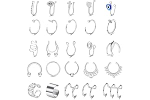 JeweBella 25 Pezzi Piercing Naso Anello Finto Acciaio Inossidabile Finto Septum Piercing Non-Piercing Finto Piercing Labbro Anello Finto Nostril Piercing Argento/Oro/Nero/Oro Rosa per Donna Uomo