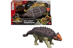 Mattel Jurassic World La Rinascita Anchilosauro Ruggito Selvaggio, action figure snodata del dinosauro con attacco multiplo della testa azionato con la coda e suoni, gioco digitale, JGB90
