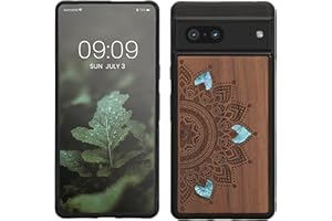 kwmobile Carcasa Compatible con Google Pixel 7 Funda - Funda de Madera de Nogal con Bumper antigolpes - Sol Naciente con nacár