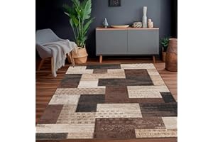 Calinline Tappeto moderno geometrico patchwork per interni e soggiorno, cioccolato, 140 x 200 cm, grandi tappeti, collezione Rockwood, decorazione per camera da letto, marrone, morbido, pelo corto